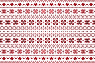 Kırmızı Noel ve Yeni Yıl. Kırmızı ve beyaz pürüzsüz etnik model. Kışlık şapkalar, kartpostallar, hediyeler, elbiseler, halı, süveterler ve kazaklar için İskandinav çiçekleri ve kalpleriyle Noel pikniği deseni.