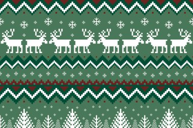 Noel ve Yeni Yıl pikselleri desen tasarımı. Kırmızı, mavi, yeşil ve bej rengi Noel pikselleri. Ren geyikleri, çam ağaçları ve Noel süveteri, kazak, kart, hediye paketi, kış şapkası için kar taneleri.
