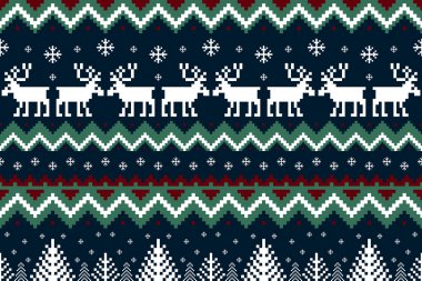 Noel ve Yeni Yıl pikselleri desen tasarımı. Kırmızı, mavi, yeşil ve bej rengi Noel pikselleri. Ren geyikleri, çam ağaçları ve Noel süveteri, kazak, kart, hediye paketi, kış şapkası için kar taneleri.