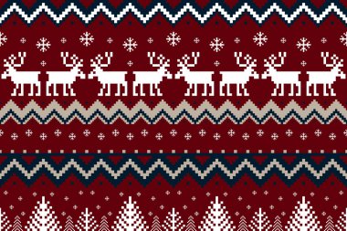 Noel ve Yeni Yıl pikselleri desen tasarımı. Kırmızı, mavi, yeşil ve bej rengi Noel pikselleri. Ren geyikleri, çam ağaçları ve Noel süveteri, kazak, kart, hediye paketi, kış şapkası için kar taneleri.