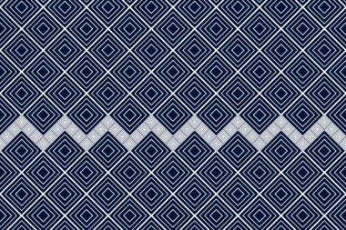 Etnik geometrik ve etnik doğulu piksel desen tasarımı. Beyaz ve mavi motifler kare etnik model. Kusursuz desen, duvar kağıdı, perde, giysi, kumaş, ikat, batik, halı, arka plan, elmas.