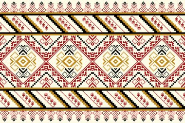 Etnik geometrik ve etnik kumaş piksel desen tasarımı. Renkli element motifleri. Etnik piksel deseni. Kusursuz desen, duvar kağıdı, tekstil, motifler, giysi, kumaş, ikat, aztek, afrika, miras..
