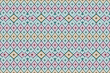 Etnik geometrik ve etnik kumaş piksel desen tasarımı. Renkli element motifleri. Etnik piksel deseni. Kusursuz desen, duvar kağıdı, tekstil, motifler, giysi, kumaş, ikat, aztek, afrika, miras..