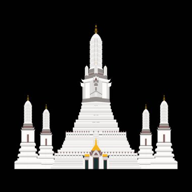 Wat Arun izole edildi. Wat Arun simgesi. Wat Arun vektörü. Bangkok, Tayland 'daki ünlü tapınak sembolü. İllüstrasyon, dönüm noktası, işaret, festival, Songkran, turist, tarihi, güzel, düz, mimari, ikonik
