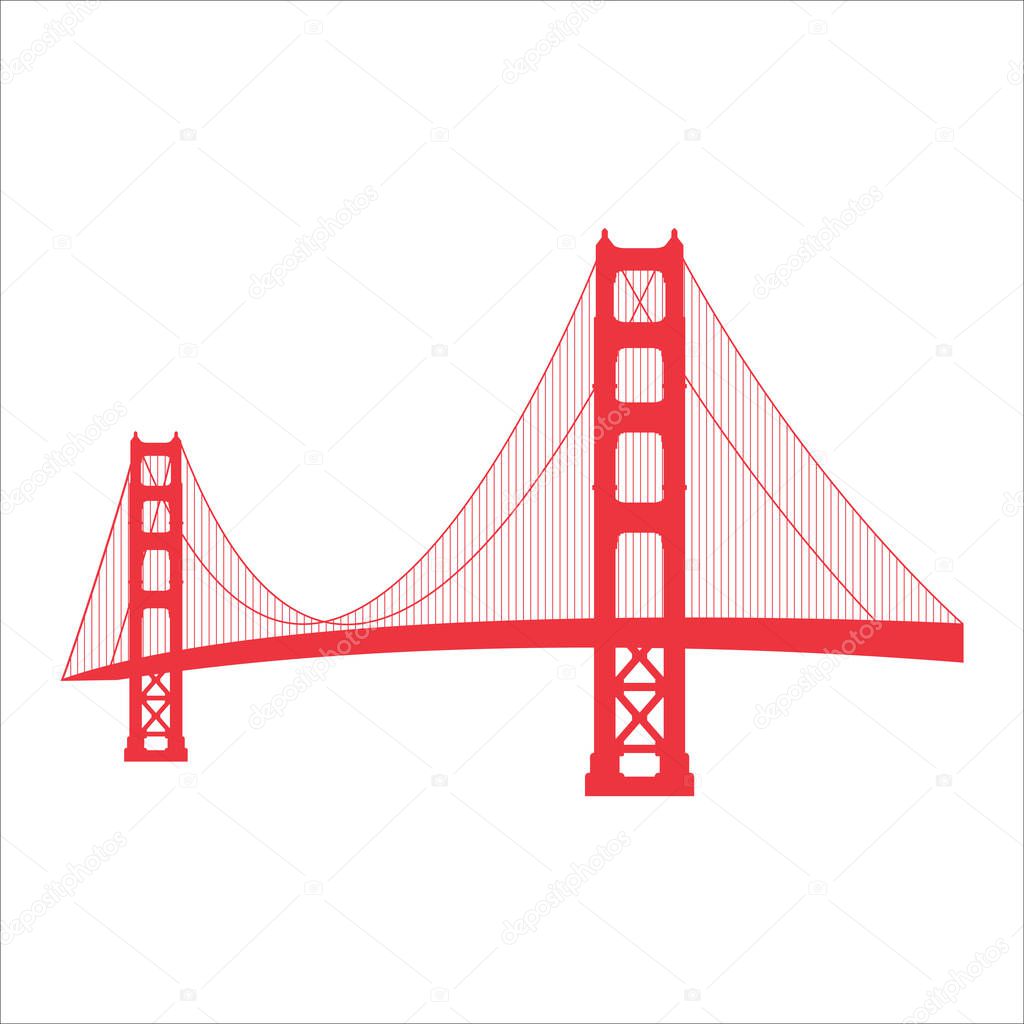 Golden gate bridge isolated. Golden gate bridge icon. Golden gate bridge vector. Famous landmark in USA. Red bridge across river. Tourism, tourist, suspension, sign, symbol, illustration, California.