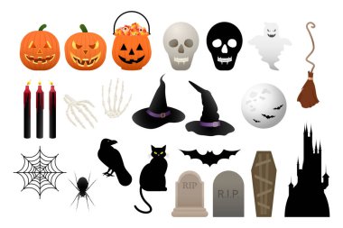 Halloween element isolated set. Halloween collection. Halloween design with pumpkin, ghost, grave, skull, skeleton, spider, web, candles, crow, cat, broom, bat, castle,hat for decor,sticker,wallpaper.