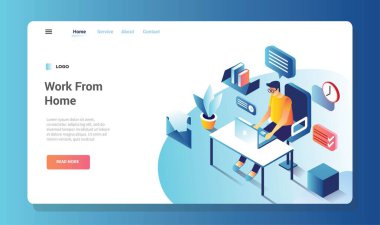 Corona virüsü salgını sırasında laptopuyla evden çalışan bir adam. Yeni normal iş hayatı dengesi çizimi.