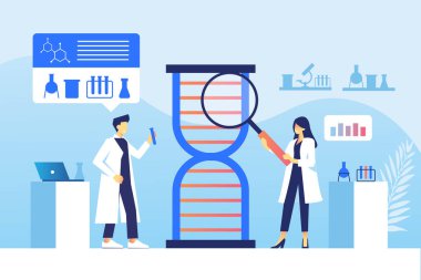 Kadın ve erkek bilim adamı laboratuarda birlikte çalışıyorlar.