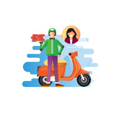 Yemek dağıtım elemanının bir kadına duygu yüklemesi, yemek servisi illüstrasyon konsepti mutlu müşteriler.