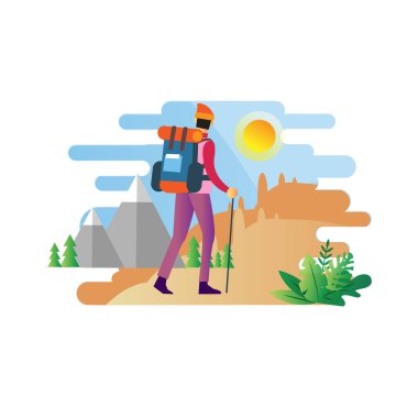 Dağlardaki genç bir adamın macerası, yürüyüş parkurlarında seyahat. Macera seyahati. Yaz tatili. Dünyanın her yerinde. Keşif kavramı, keşif, yürüyüş, macera turizmi.