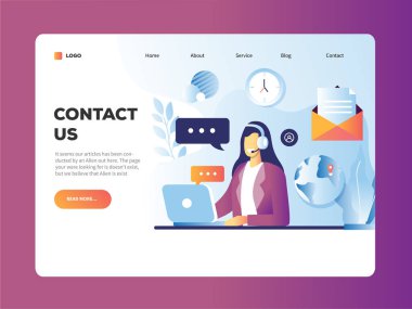 İniş sayfası ve müşteri hizmetleriyle irtibata geçmek için iş sırasında müşteriyle konuşan embesiller için vektör ilülasyonu 