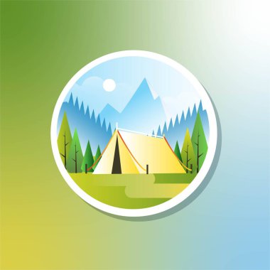 Ay ve dağ titreşimleriyle dolu açık hava kamp sabahı. Açık Kamp rozeti ya da çıkartma konsepti 