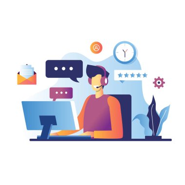 Vektör illüstrasyonu, müşteri hizmetleri, erkek yardım hattı operatörü, istemciye 7 / 24 online küresel teknik destek, müşteri ve operatöre tavsiyede bulunur