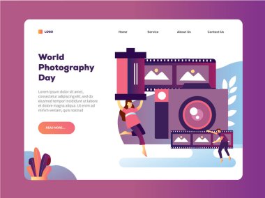 Dünya fotoğrafçılık gününü anmak için bir iniş sayfasının vektör illüstrasyonu