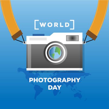 Modern bir kameranın ortasındaki kürenin vektör illüstrasyonu, Dünya Fotoğraf Günü 'nü anmak için mükemmel..