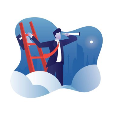 Bir yere teleskopla giden adam, iş yarışması temalı vektör çizimi için uygun..