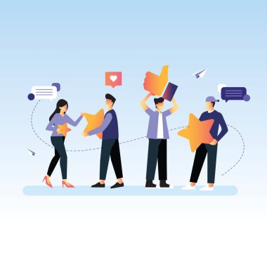 Farklı insanlar geri bildirim reytingleri verir ve Karakterler yıldızları tutar ve beş yıldızlı müşteri değerlendirmelerinin değerlendirilmesini başlarının üstünde tutarlar. bir ürün servis vektörü illüstrasyonunun değerlendirilmesi