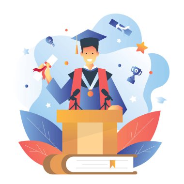 Üniversite mezuniyetinde erkek çocuğunun konuşma vektör çizimi 