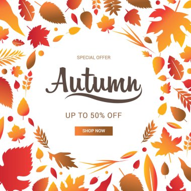 Yaprak pankartıyla sonbahar mevsimi. Mevsimlik harfler. Web afişi vektör illüstrasyonuName 