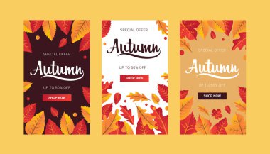 Sonbahar mevsimlik dikey pankart koleksiyonu ve üzerinde web pankartı için iyi olan yaprak afişi taşıyıcı illüstrasyonu 