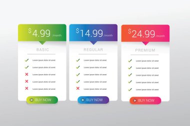 Üç ürün için fiyat karşılaştırma tablosu şablonu, vektör illüstrasyonu