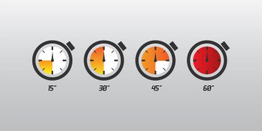 Kronometre Zamanlayıcı Simgeleri Gradyan Renk İlerleme Tasarımı ile 15, 30, 45 ve 60 Saniyeyi gösteriyor