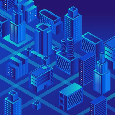 İzometrik görünümlü hisse vektörü fütüristik iş şehri