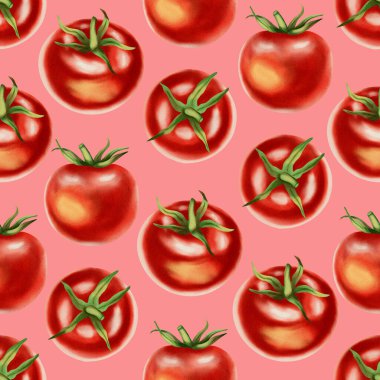 Beyaz arka planda taze kırmızı domatesli kusursuz suluboya deseni. Suluboya domatesler. Bu el yapımı botanik desen kumaş, ambalaj ve mutfak dekorasyonu için mükemmel..