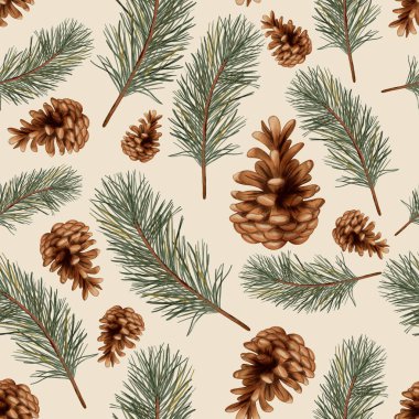 Sıcak kış temalı, çam dalları ve konileri olan dikişsiz desen. Mevsimsel tasarımlar, ambalajlar ve el sanatları için suluboya çizimi mükemmel.