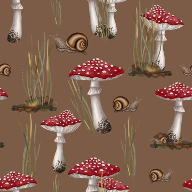 Kırmızı sineksi mantarlı, salyangozlu ve orman otlu kusursuz suluboya desenli. Ambalaj kağıdı, tekstil ve doğa temalı tasarımlar için ideal.