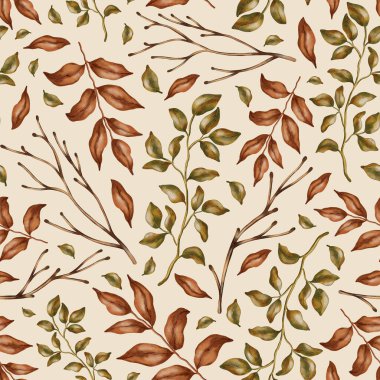 Elle boyanmış suluboya, dikişsiz ve dökülen yapraklar. Mevsimlik tekstil tasarımı, ambalaj kağıdı ve sonbahar temalı projeler için mükemmel.