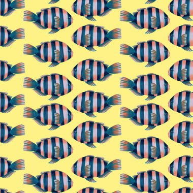 Deniz. Suluboya balıklarıyla kusursuz desen. El çizimi balıklar, okyanus deseni. Suluboya çizimleri. Duvar kağıdı, kumaş, tekstil, kapak, ambalaj kağıdı, pankart, kartpostal