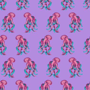 Yaz. Deniz. Suluboya ahtapot desenli kusursuz desen. El çizimi ahtapot, okyanus dokusu. Suluboya çizimleri. Duvar kağıdı, kumaş, tekstil, kapak, ambalaj kağıdı, pankart, kartpostal