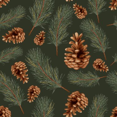 Sıcak kış temalı, çam dalları ve konileri olan dikişsiz desen. Mevsimsel tasarımlar, ambalajlar ve el sanatları için suluboya çizimi mükemmel.