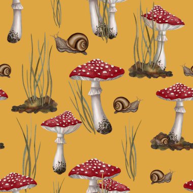 Kırmızı sineksi mantarlı, salyangozlu ve orman otlu kusursuz suluboya desenli. Ambalaj kağıdı, tekstil ve doğa temalı tasarımlar için ideal.