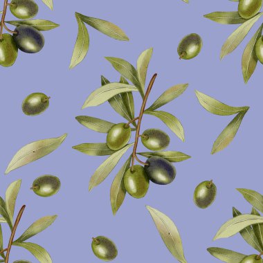 Elle boyanmış, dikişsiz, yeşil ve siyah zeytin dalları ve yapraklarıyla. Kumaş, ambalaj ve tasarım için mükemmel..