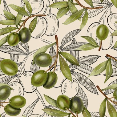 Elle boyanmış, dikişsiz, yeşil ve siyah zeytin dalları ve yapraklarıyla. Kumaş, ambalaj ve tasarım için mükemmel..
