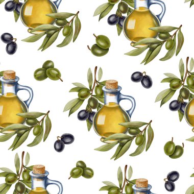 Zeytin yağı şişeleri, yeşil ve siyah zeytinler ve dallarla el yapımı dikişsiz suluboya desenler. Mutfak, yemek ve ambalaj tasarımı için ideal.