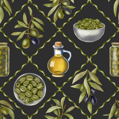 Zeytin yağı şişeleri, zeytinli kaseler, dallar ve sürahilerle suluboya desenli. Tekstil tasarımı, ambalaj, mutfak ve restoran, menü için ideal.