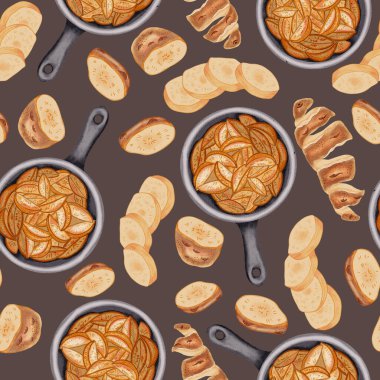 Kızartma tavasında kızarmış patates ve dilimlenmiş patatesle sulu boya deseni. Sebzeler. Suluboya gıda çizimi. Paketleme, kumaş, mutfak dekorasyonu için elle çizilmiş tarım gıda tasarımı.