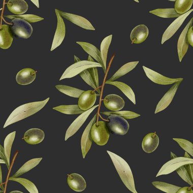 Elle boyanmış, dikişsiz, yeşil ve siyah zeytin dalları ve yapraklarıyla. Kumaş, ambalaj ve tasarım için mükemmel..