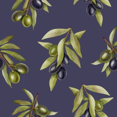Elle boyanmış, dikişsiz, yeşil ve siyah zeytin dalları ve yapraklarıyla. Kumaş, ambalaj ve tasarım için mükemmel..