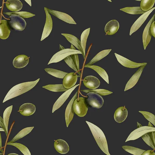 Elle boyanmış, dikişsiz, yeşil ve siyah zeytin dalları ve yapraklarıyla. Kumaş, ambalaj ve tasarım için mükemmel..
