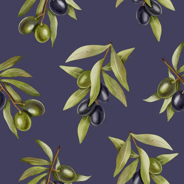 Elle boyanmış, dikişsiz, yeşil ve siyah zeytin dalları ve yapraklarıyla. Kumaş, ambalaj ve tasarım için mükemmel..