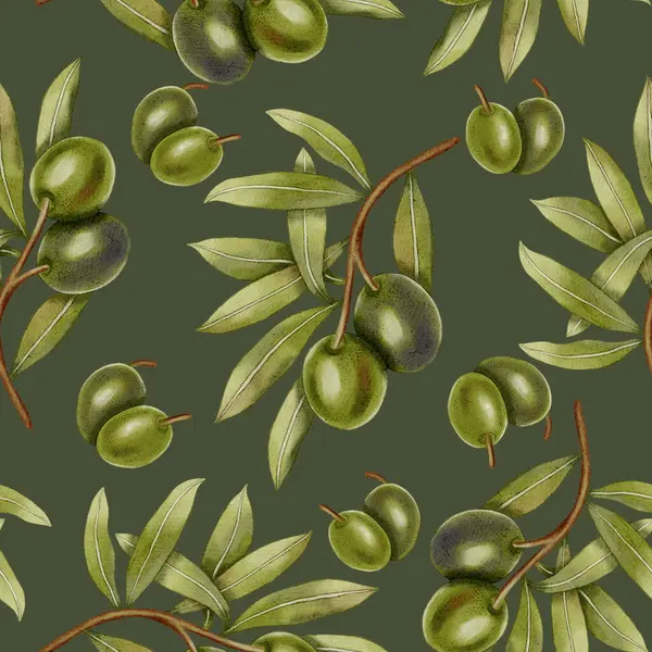 Elle boyanmış, dikişsiz, yeşil ve siyah zeytin dalları ve yapraklarıyla. Kumaş, ambalaj ve tasarım için mükemmel..