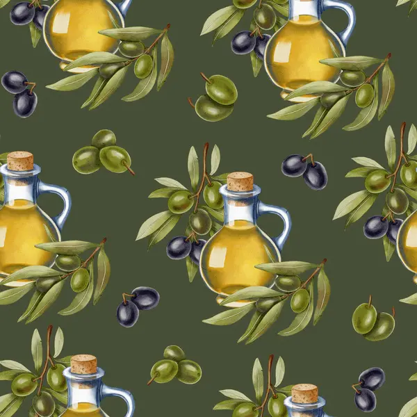 Zeytin yağı şişeleri, yeşil ve siyah zeytinler ve dallarla el yapımı dikişsiz suluboya desenler. Mutfak, yemek ve ambalaj tasarımı için ideal.
