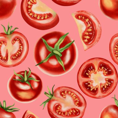 Taze kırmızı domatesli kusursuz suluboya deseni. Suluboya domatesler. Bu el yapımı botanik desen kumaş, ambalaj ve mutfak dekorasyonu için mükemmel..