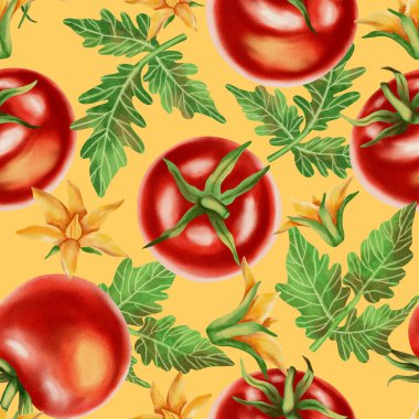 Taze kırmızı domatesli kusursuz suluboya deseni. Suluboya domatesler. Bu el yapımı botanik desen kumaş, ambalaj ve mutfak dekorasyonu için mükemmel..
