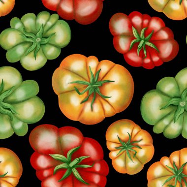 Kırmızı, sarı ve yeşil domatesler. Beyaz arka planda taze domatesli kusursuz suluboya deseni. Suluboya domatesler. Kumaş, ambalaj ve mutfak dekorasyonu için botanik desen.