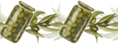Dallarda zeytin ve konserve zeytin olan dikişsiz suluboya bir sınır. Koruma. Zeytin dalları, yapraklar ve meyveler. El yapımı suluboya çizimi. Menüler ve ambalaj tasarımı için uygun.